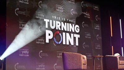 Turning Point USA logo featured on the stage during an "American Comeback Tour" stop in Burruss Hall at Virgina Tech university in Blacksburg, Virginia. (AFP) Turning Point USA logo featured on the stage during an "American Comeback Tour" stop in Burruss Hall at Virgina Tech university in Blacksburg, Virginia. (AFP)