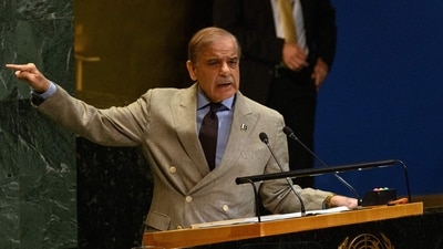 Prime Minister of the Islamic Republic of Pakistan Muhammad Shehbaz Sharif speaks at the 80th session of The United Nations General Assembly (UNGA) on September 26, 2025 in New York City. (Getty Images via AFP)
