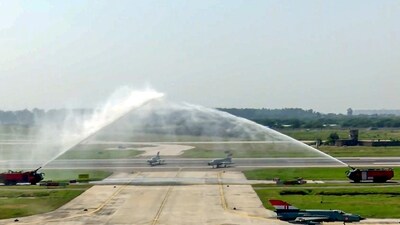 Indian Air Force MiG-21 aircraft receive water salute ahead of the operational flying culmination ceremony at the air force station in Chandigarh. (@IAF_MCC/X) Indian Air Force MiG-21 aircraft receive water salute ahead of the operational flying culmination ceremony at the air force station in Chandigarh. (@IAF_MCC/X)