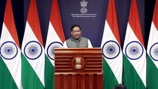 New Delhi, Sep 19 (ANI): MEA spokesperson Randhir Jaiswal addresses a press briefing, in New Delhi, on Friday (ANI Video Grab) (ANI Garb )