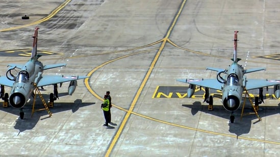 Indian Air Force MiG-21 aircraft ahead of the ceremony the Air Force station in Chandigarh which marked the official retirement of the legendary fighter jets after over six decades of service.(@IAF_MCC/X)