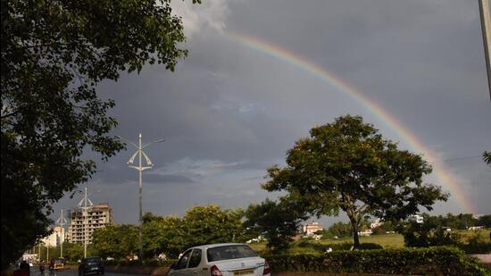 Pune, India -Sunday, September, 16, 2018After rainfall in the PCMC area rainbow appears in the sky photo at nehrunagar pimpri in Pune, India, on Sunday,September 16, 2018. (HT PHOTO)