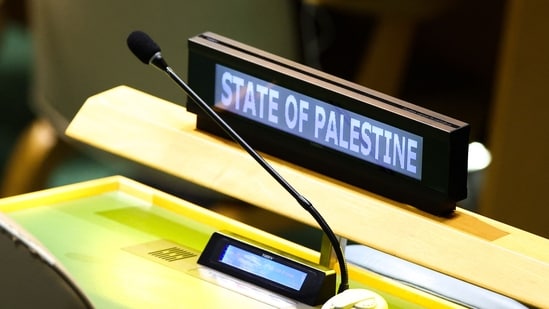 Palestine's seat is empty ahead of Israeli Prime Minister Benjamin Netanyahu speaking at the General Debate of the United Nations General Assembly at UN headquarters in New York City. (AFP)