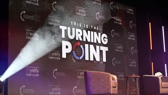 Turning Point USA logo featured on the stage during an "American Comeback Tour" stop in Burruss Hall at Virgina Tech university in Blacksburg, Virginia. (AFP)