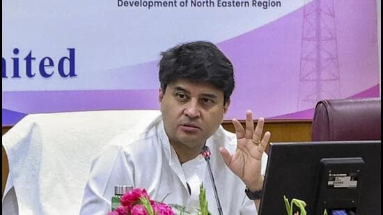 Union minister Jyotiraditya Scindia addresses a press conference on the occasion of the 25th anniversary of Bharat Sanchar Nigam Limited (BSNL). (@JM_Scindia)