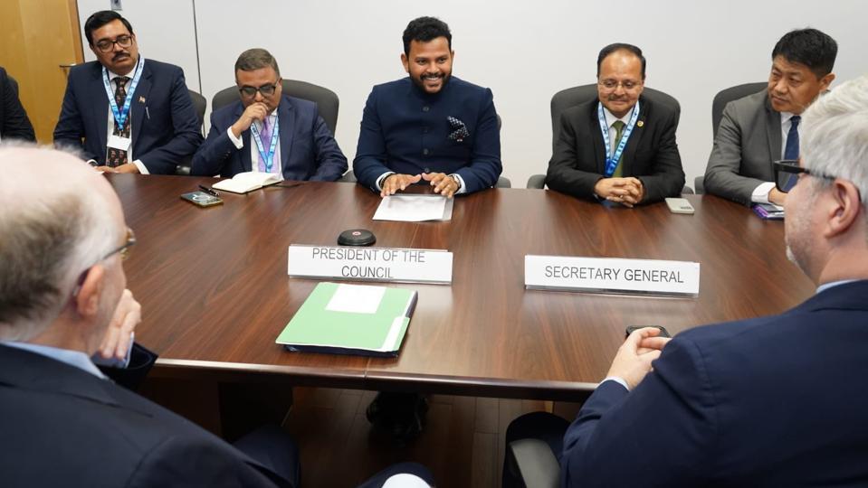 India’s Civil Aviation Minister Ram Mohan Naidu meeting with the leadership of ICAO in Montreal on Wednesday. (Credit: Ram Mohan Naidu Kinjarapu/X) India’s Civil Aviation Minister Ram Mohan Naidu meeting with the leadership of ICAO in Montreal on Wednesday. (Credit: Ram Mohan Naidu Kinjarapu/X)