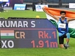 India’s Shailesh Kumar after winning the men's high jump T63 final with a championship record at the World Para Athletics Championships in New Delhi on Saturday. (ANI Photo)