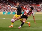 Manchester United's Diogo Dalot in action against Brentford's Kevin Schade.