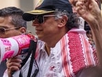Colombian President Gustavo Petro addresses pro-Palestinian demonstrators at Dag Hammarskjold Plaza outside U.N. headquarters during the 80th United Nations General Assembly in New York City, U.S., September 26, 2025. REUTERS/Bing Guan 