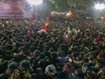 Overcrowded rally of Tamilaga Vettri Kazhagam chief and actor Vijay, in Karur district, Tamil Nadu.(PTI)