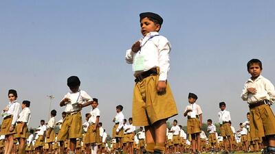 Child volunteers of the RSS at a gathering programme in Noida. (Sunil Ghosh/ HT Photo) Child volunteers of the RSS at a gathering programme in Noida. (Sunil Ghosh/ HT Photo)