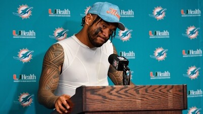 Miami Dolphins quarterback Tua Tagovailoa addresses media after an NFL football game against the Buffalo Bills. (AP) Miami Dolphins quarterback Tua Tagovailoa addresses media after an NFL football game against the Buffalo Bills. (AP)