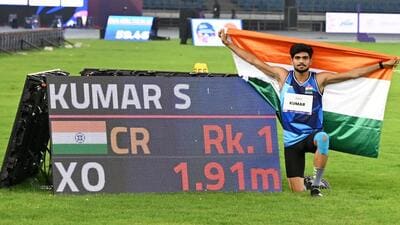 India’s Shailesh Kumar after winning the men's high jump T63 final with a championship record at the World Para Athletics Championships in New Delhi on Saturday. (ANI Photo) India’s Shailesh Kumar after winning the men's high jump T63 final with a championship record at the World Para Athletics Championships in New Delhi on Saturday. (ANI Photo)