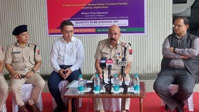 Manipur DGP Rajiv Singh (second from right) briefs media persons after the disposal of narcotics in Imphal. Manipur DGP Rajiv Singh (second from right) briefs media persons after the disposal of narcotics in Imphal.