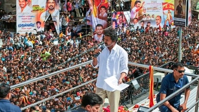 Tamilaga Vettri Kazhagam (TVK) chief and actor Vijay addresses supporters during a rally, in Namakkal, Tamil Nadu. Another rally in Karur took a turn due to overcrowding. (PTI) Tamilaga Vettri Kazhagam (TVK) chief and actor Vijay addresses supporters during a rally, in Namakkal, Tamil Nadu. Another rally in Karur took a turn due to overcrowding. (PTI)