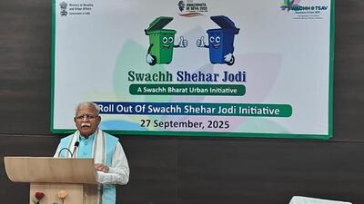 Union minister for housing and urban affairs Manohar Lal Khattar at the Swachh Shehar Jodi programme on Saturday. (Photo from X) Union minister for housing and urban affairs Manohar Lal Khattar at the Swachh Shehar Jodi programme on Saturday. (Photo from X)
