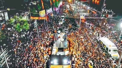 Vijay addressing the gathering of thousands in Karur before the stampede broke out on Saturday. (ANI) Vijay addressing the gathering of thousands in Karur before the stampede broke out on Saturday. (ANI)