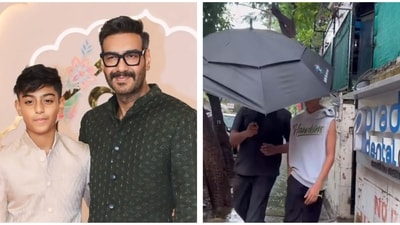 Ajay Devgn's son Yug wanted to avoid paparazzi during his latest outing in Mumbai. Ajay Devgn's son Yug wanted to avoid paparazzi during his latest outing in Mumbai.