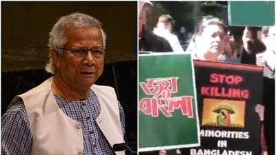 Protests against Yunus led by Sheikh Hasina supporters outside UN.
