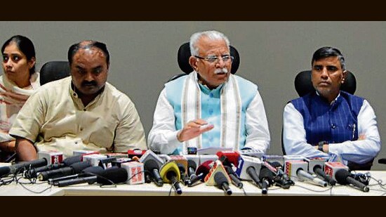 Union minister Manohar Lal Khattar in Panipat on Saturday. (HT Photo)
