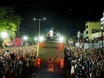 TVK (Tamilaga Vettri Kazhagam) chief and actor Vijay addresses a gathering before the stampede during a public event, in Karur on Saturday. TVK (Tamilaga Vettri Kazhagam) chief and actor Vijay addresses a gathering before the stampede during a public event, in Karur on Saturday.