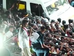 TVK (Tamilaga Vettri Kazhagam) chief and actor Vijay addresses a gathering before a stampede during a public event, in Karur on Saturday (TVK)