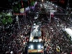 TVK (Tamilaga Vettri Kazhagam) chief and actor Vijay addresses gathering before stampede during a public event, in Karur on Saturday. TVK (Tamilaga Vettri Kazhagam) chief and actor Vijay addresses gathering before stampede during a public event, in Karur on Saturday.