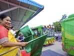 Delhi Chief Minister Rekha Gupta flags off new DEVi buses on the new routes across the Yamuna in New Delhi. (PTI) Delhi Chief Minister Rekha Gupta flags off new DEVi buses on the new routes across the Yamuna in New Delhi. (PTI)