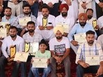 Progressive farmers after being felicitated at the PAU in Ludhiana on Saturday. Progressive farmers after being felicitated at the PAU in Ludhiana on Saturday.