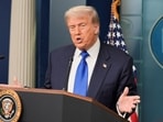 US President Donald Trump speaks to the media