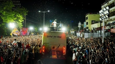 TVK (Tamilaga Vettri Kazhagam) chief and actor Vijay addresses a gathering before the stampede during a public event, in Karur on Saturday. (TVK/ANI Photo) TVK (Tamilaga Vettri Kazhagam) chief and actor Vijay addresses a gathering before the stampede during a public event, in Karur on Saturday. (TVK/ANI Photo)