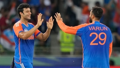 Shivam Dube opened the bowling for India in Hardik Pandya's absence, and made an excellent account of himself as he played deputy to Jasprit Bumrah. Varun Chakravarthy was also impressive in his spell, keeping things very nice and tidy right through. (AP) Shivam Dube opened the bowling for India in Hardik Pandya's absence, and made an excellent account of himself as he played deputy to Jasprit Bumrah. Varun Chakravarthy was also impressive in his spell, keeping things very nice and tidy right through. (AP)
