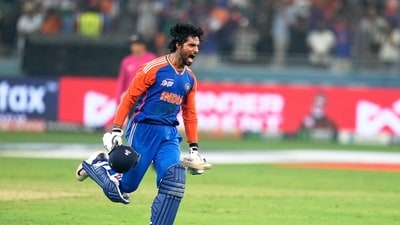 India's Tilak Varma reacts after India won the Asia Cup cricket final against Pakistan. (AP) India's Tilak Varma reacts after India won the Asia Cup cricket final against Pakistan. (AP)