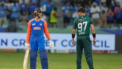 India's Abhishek Sharma talks to Pakistan's Haris Rauf during the Asia Cup cricket match (AP) India's Abhishek Sharma talks to Pakistan's Haris Rauf during the Asia Cup cricket match (AP)