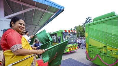 Delhi Chief Minister Rekha Gupta flags off new DEVi buses on the new routes across the Yamuna in New Delhi. (PTI) Delhi Chief Minister Rekha Gupta flags off new DEVi buses on the new routes across the Yamuna in New Delhi. (PTI)