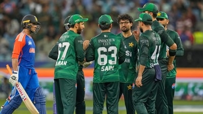 Pakistani players celebrates the wicket of India's Abhishek Sharma, second left, during the Asia Cup Super Four stage. (AP) Pakistani players celebrates the wicket of India's Abhishek Sharma, second left, during the Asia Cup Super Four stage. (AP)