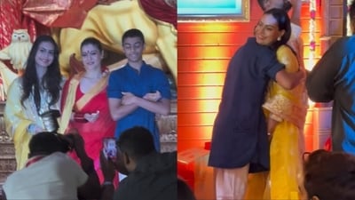Kajol, daughter Nysa and son Yug visited a Durga Puja pandal in Mumbai on Saturday. Kajol, daughter Nysa and son Yug visited a Durga Puja pandal in Mumbai on Saturday.