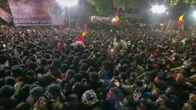 Overcrowded rally of Tamilaga Vettri Kazhagam chief and actor Vijay, in Karur district, Tamil Nadu, Saturday, Sept. 27, 2025. (PTI) Overcrowded rally of Tamilaga Vettri Kazhagam chief and actor Vijay, in Karur district, Tamil Nadu, Saturday, Sept. 27, 2025. (PTI)