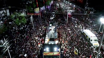 Vijay addressed the crowd from the top of the vehicle before the stampede in Karur on Saturday&nbsp; (TVK/ANI)