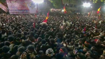 Overcrowded rally of Tamilaga Vettri Kazhagam chief and actor Vijay, in Karur, where the organisers anticipated a crowd of about 10,000 people, but nearly three times more arrived. (PTI)
