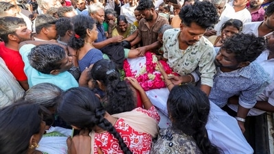 Bereaved family members and relatives of victims, who died after a stampede at actor and TVK chief Vijay's rally on Saturday, mourn outside the mortuary at the Government Hospital, in Karur&nbsp; (PTI )