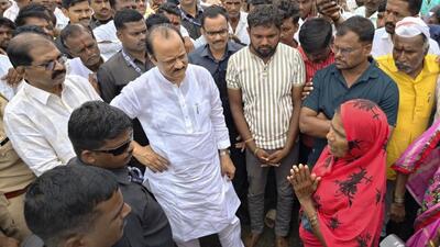 Maharashtra Deputy Chief Minister Ajit Pawar interacts with people during inspection of a flood-hit village in Solapur district on September 24, 2025. (PTI) Maharashtra Deputy Chief Minister Ajit Pawar interacts with people during inspection of a flood-hit village in Solapur district on September 24, 2025. (PTI)