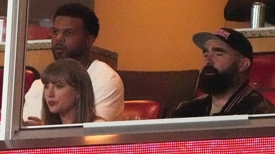 Taylor Swift cheered for her fiancé Travis Kelce at Arrowhead Stadium on Sunday. (AP) Taylor Swift cheered for her fiancé Travis Kelce at Arrowhead Stadium on Sunday. (AP)