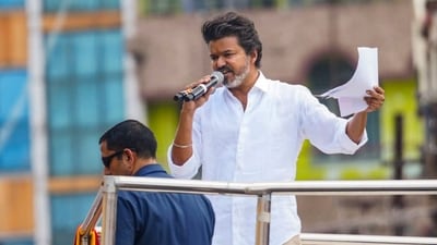 Actor and Tamilaga Vetri Kazhagam (TVK) Founder Vijay addresses a public rally, in Namakkal district, Tamil Nadu, Saturday. (PTI) Actor and Tamilaga Vetri Kazhagam (TVK) Founder Vijay addresses a public rally, in Namakkal district, Tamil Nadu, Saturday. (PTI)
