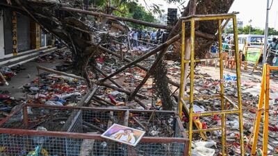 Visuals from the site of the stampede in Karur district of Tamil Nadu on Sunday. (AFP) Visuals from the site of the stampede in Karur district of Tamil Nadu on Sunday. (AFP)