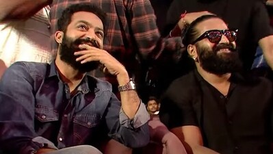 Jr NTR and Rishab Shetty during the pre-release event of Kantara Chapter 1. Jr NTR and Rishab Shetty during the pre-release event of Kantara Chapter 1.