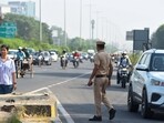 Police investigating the spot where a black Mahindra Thar collided with a divider on the Delhi-Gurugram Expressway in Gurugram. (Photo by Parveen Kumar/Hindustan Times) Police investigating the spot where a black Mahindra Thar collided with a divider on the Delhi-Gurugram Expressway in Gurugram. (Photo by Parveen Kumar/Hindustan Times)