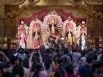 Durga Puja celebrations at the Cooperative Ground Durga Puja Samiti, in CR Park on Sunday. (Sanjeev Verma/HT Photo)