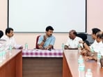 Tamil Nadu Deputy Chief Minister Udhayanidhi Stalin conducts the consultation meeting with Ministers, medical department officials and the medical team at the Karur Government Hospital, in Karur on Sunday. Tamil Nadu Deputy Chief Minister Udhayanidhi Stalin conducts the consultation meeting with Ministers, medical department officials and the medical team at the Karur Government Hospital, in Karur on Sunday.
