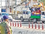 Mortal remains of a Kargil War veteran killed during the protests being taken for last rites amid curfew, in Leh on Monday. (PTI)
